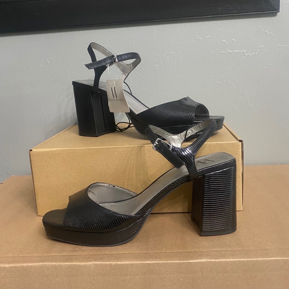 Worthington Womens Black Lizard Embossed Platform Block Heel Sandals Size‎ 9 M
